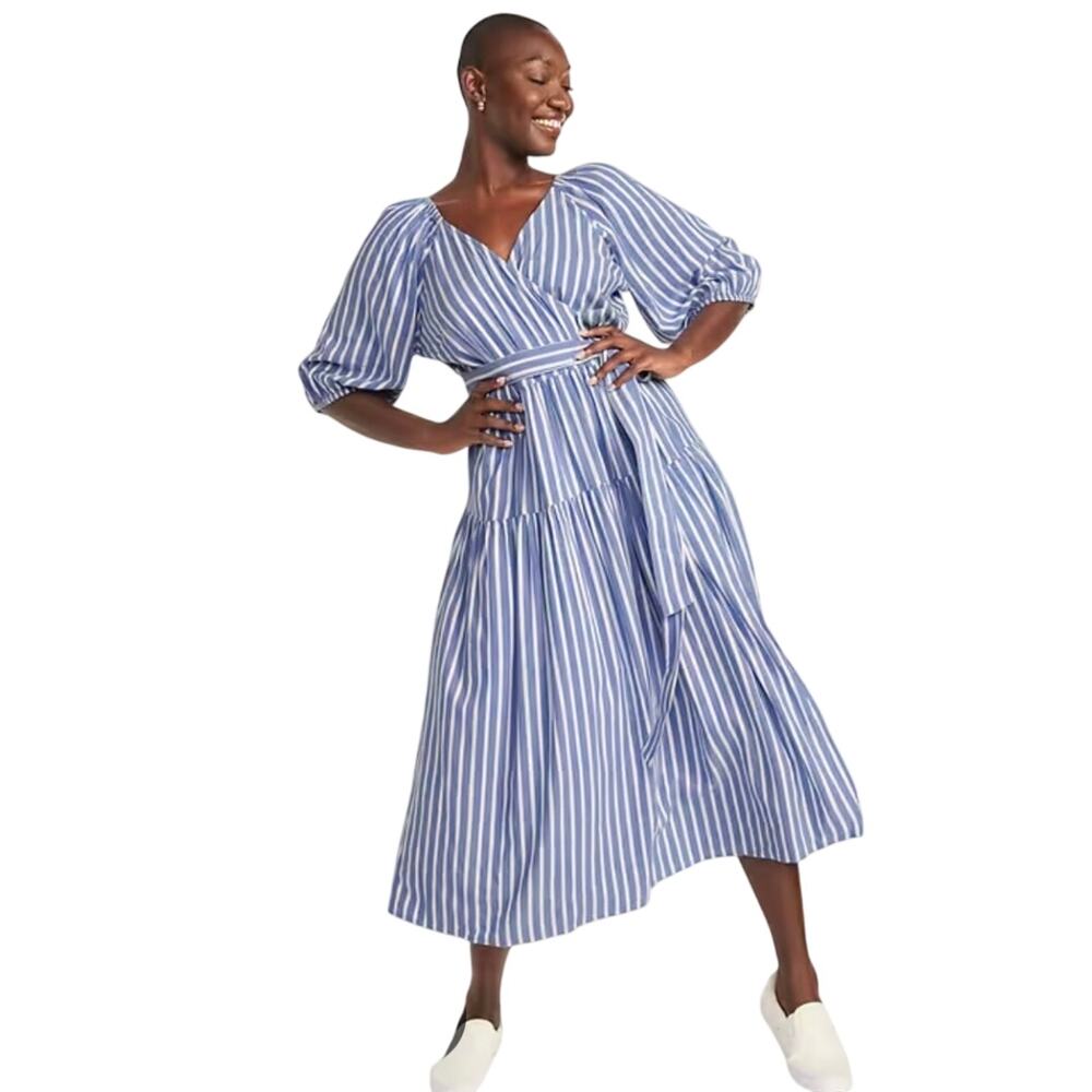 Old Navy Blue White Striped Midi Wrap Dress Puff Sleeve Smocked (S)